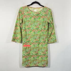 Cabanalife Women's Green & Pink Leaves Print Quarter Sleeve Swim Dress Size S